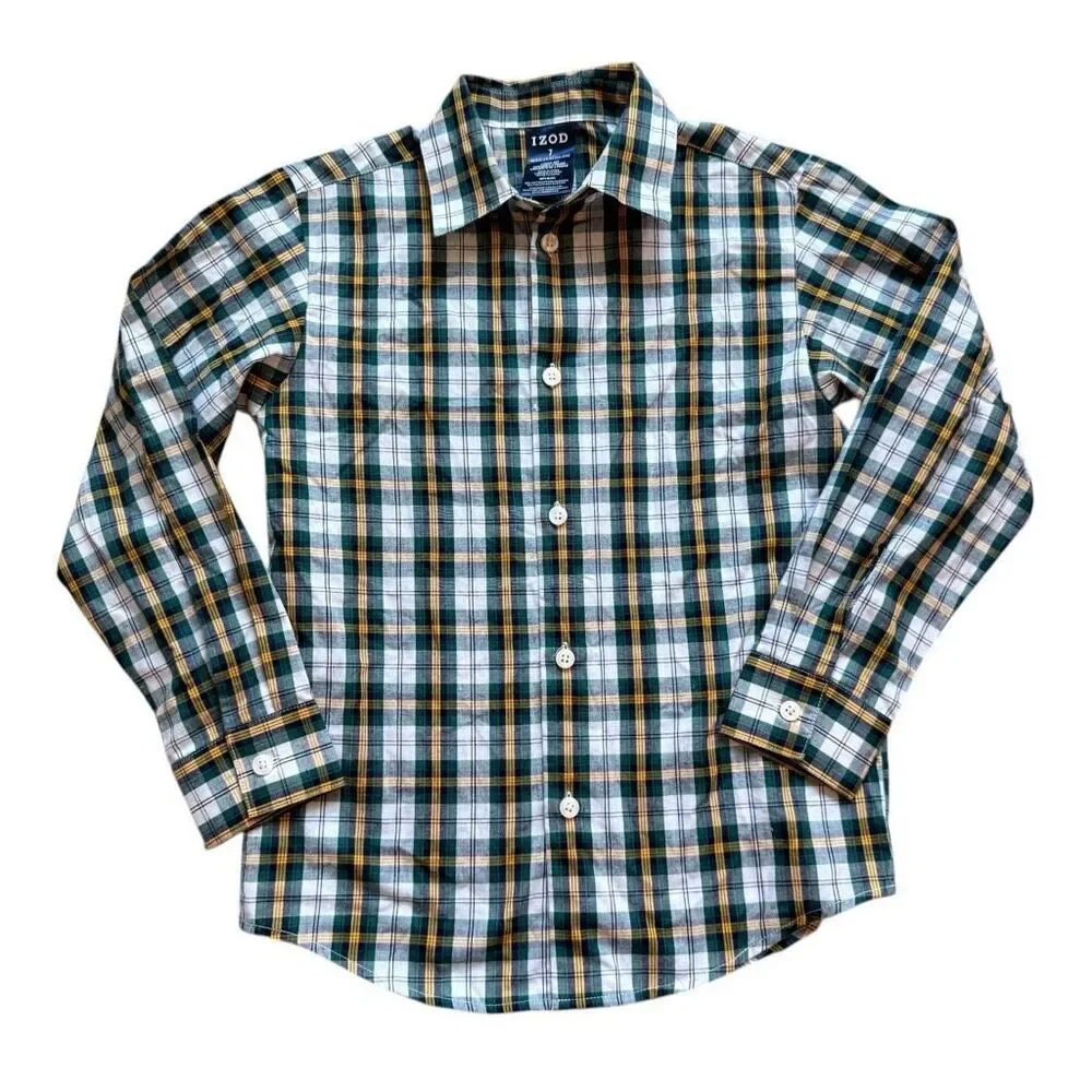 Youth Boys Izod Regular Fit Navy Plaid Button Down Long Sleeve Shirt - Sz 7